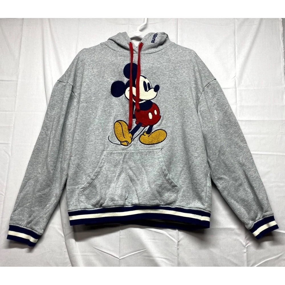 Disney Mickey Mouse Hoodie Unisex Medium Heather Gray Drawstring Fleece Lined